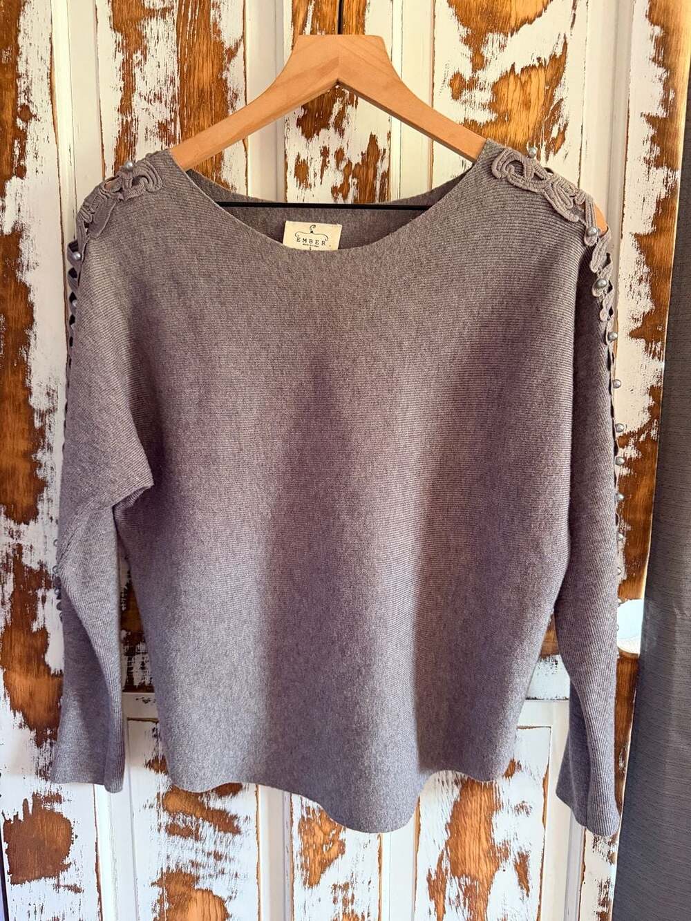 Ember Gray Boatneck Sweater with Cold Shoulder Lace & Pearl Accents Size Small